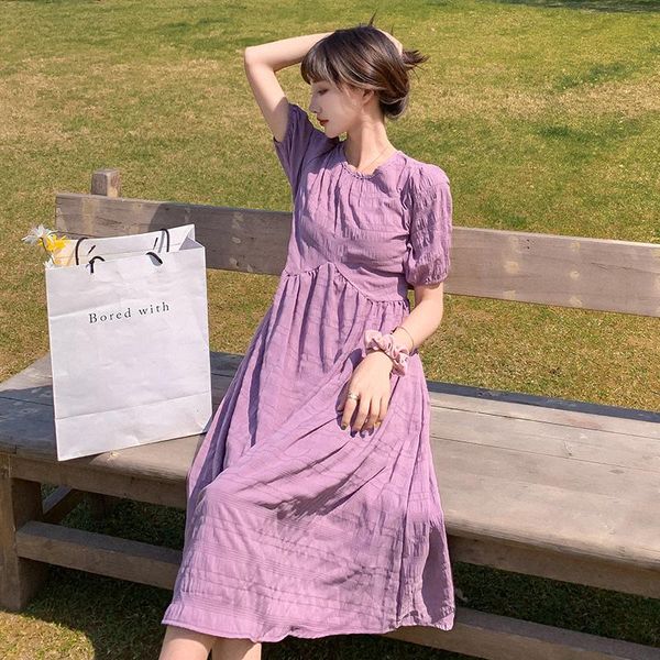 

maternity dresses 159# clothes summer short sleeves o neck purple dress solid color loose pregnant women pregnancy, White