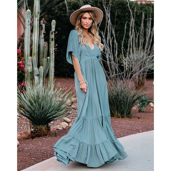 

women's 2021 new spring summer fashion v-neck short sleeve solid long dress, Black;gray