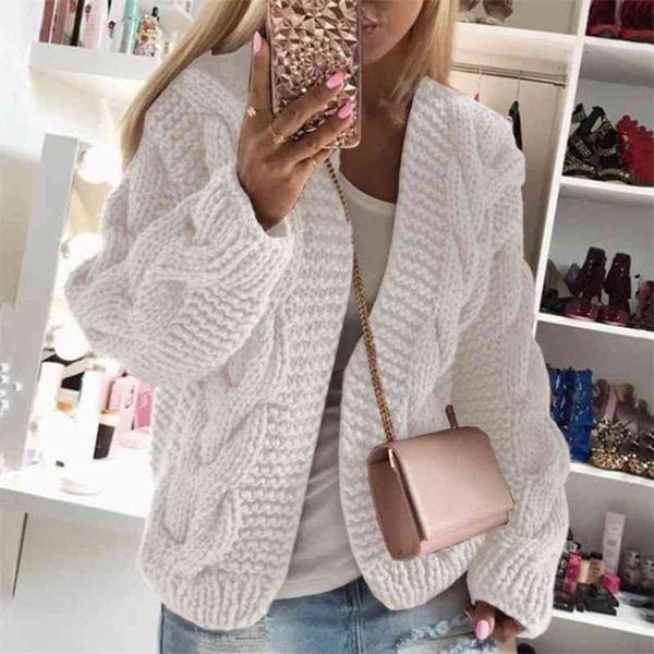 

v-neck crocheted knit cardigan female autumn and winter rough line linen flower color knitted sweater women 210517, White