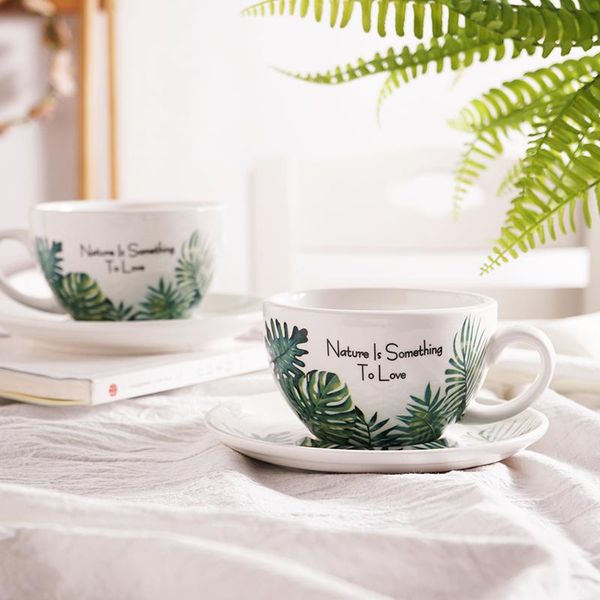 

mugs monstera design cappuciano cup & saucer tropical leaf latte art cups for cafe and gift