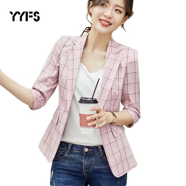 

women's suits & blazers plaid blazer women single button autumn three quarter causal jackets female pink coat office mujer 3xl, White;black