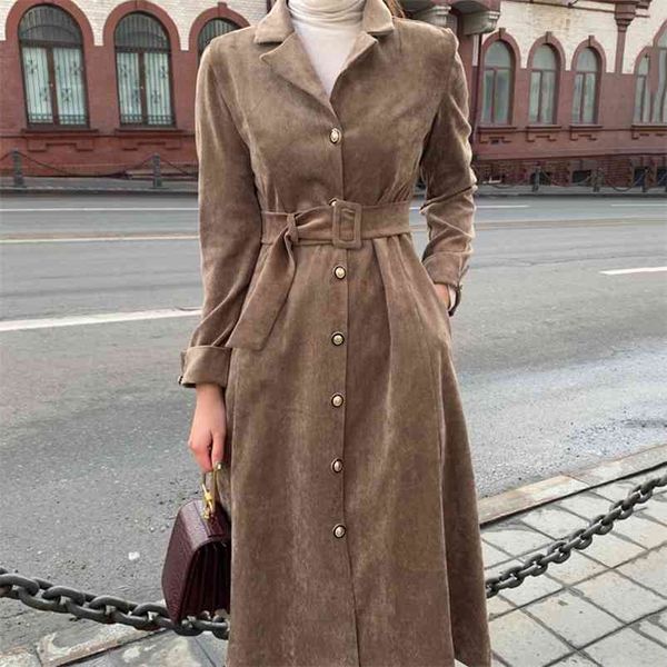 

korean chic autumn and winter french suit collar single-breasted pleated waist corduroy dress with belt women gx1326 210507, Black;gray