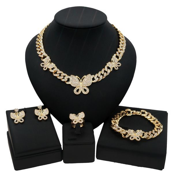 

new gold-plated jewelry set silver big butterfly necklace bracelet earring ring dubai wholesale cuban chain jewellery sets z0015, Black