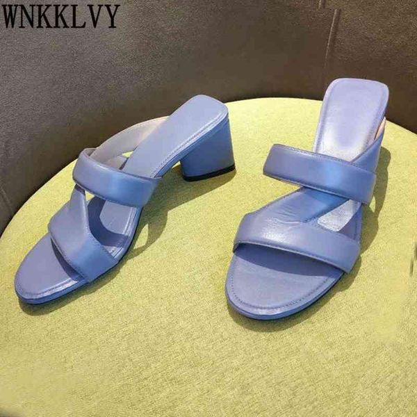 

2021 new soft real leather women slides chunky high heels runway slippers simple cut outs sandals summer leisure lazyman mules, Black