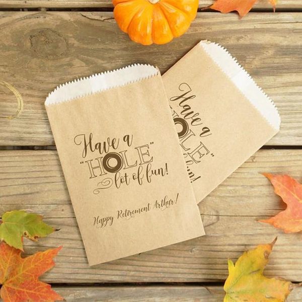 

gift wrap retirement party donut favor bags, kraft paper sacks, office brunch - personalized lined, grease resistant