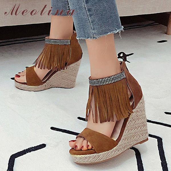 

sandals meotina shoes women wedges super high heel tassel espadrille round toe ladies footwear summer size 34-46, Black