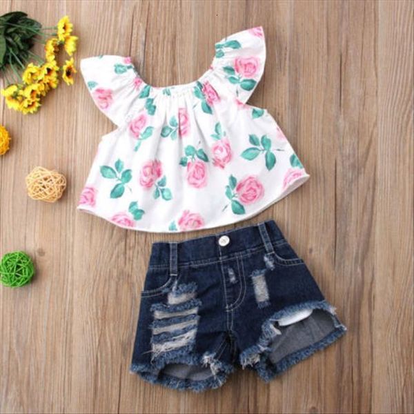 

2pcs toddler kids baby girls clothes flower short sleeve outfit t shirt hole denim shorts set, White