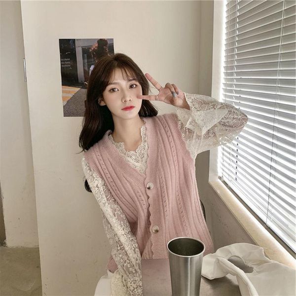 

women's vests sweet autumn 2021 korean casual sweater vest women temperament v neck loose knit elegant all match pull femme, Black;white