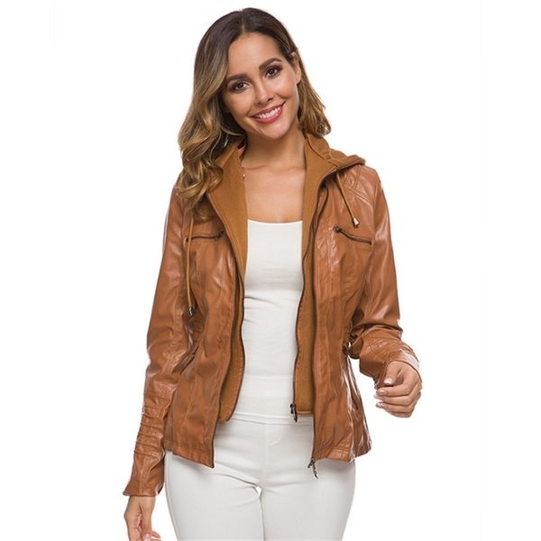 

winter autumn women pu leather jacket coat long sleeve motorcycle clothing solid color hooded coats outerwear fashion clothes 211014, Black;brown