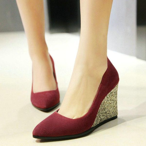

dress shoes 2021 fashion wedge women high heel pointed toe slip on pumps spring autumn party big size, Black