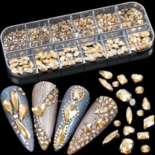 

nail art decorations 1200/660pcs mix round multi-shaped champagne white ab light colors flatback diamonds jewelry rhinestones decals charms, Silver;gold