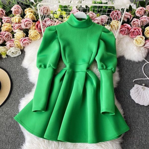 

casual dresses puff sleeved women turtleneck solid green slim knee-length office lady elegant party clothing quality, Black;gray