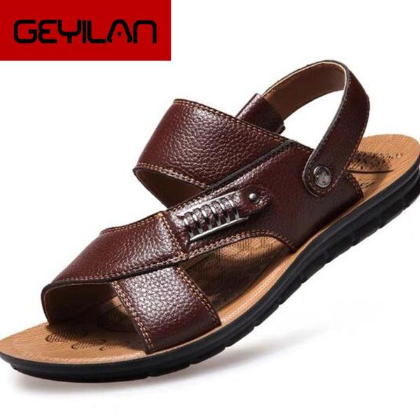 

sandals men summer beach slip on travel shoes genuine leather casual plus size 48 male, Black