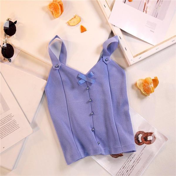 

women camis purple female buttons bow neck skinny crop 100% cotton spaghetti cute for summer, White