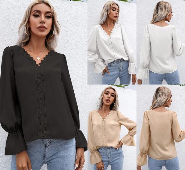 

women's blouses & shirts autumn v-neck hollow long-sleeved shirt women, White