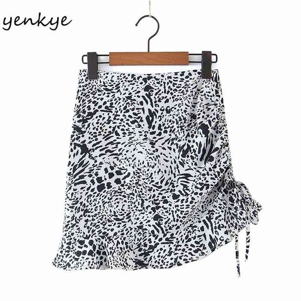 

vintage animal print skirt women side drawstring high waist asymmetric mini hem ruffle summer jupe femme 210514, Black
