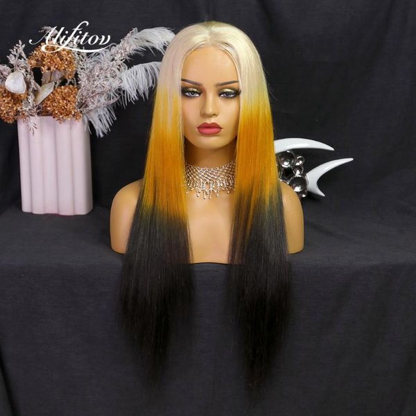

lace wigs alifitov ombre blonde yellow black front wig pre plucked silky straight with baby hair human for women, Black;brown