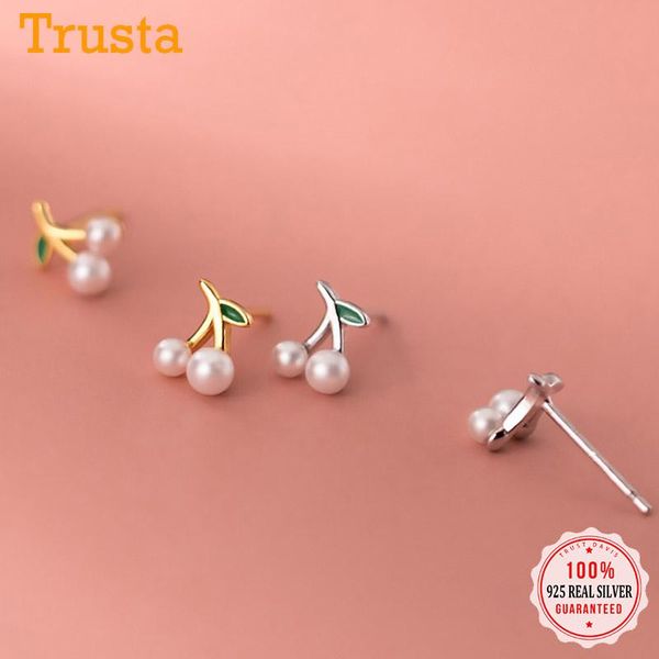 

trustdavis real 925 sterling silver fruit cherry synthetic pearl charm stud earrings for women wedding party fine jewelry db240, Golden;silver