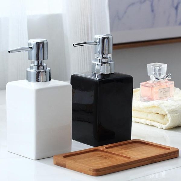 

liquid soap dispenser ceramic white black bottle el bathroom shower gel hand sanitizer with bamboo tray