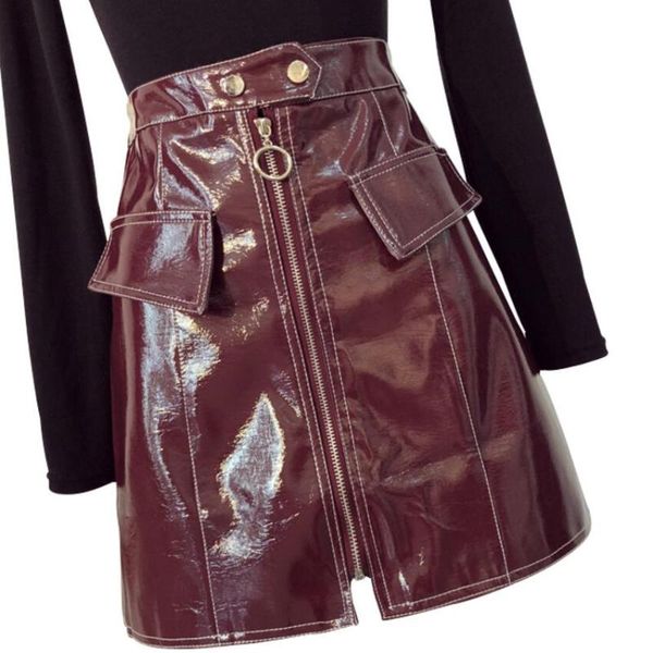 

skirts 2021 fashion high waist zipper a-line mini women patent pu leather skirt autumn winter, Black