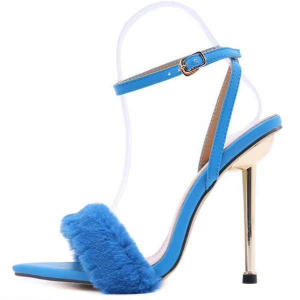 

summer pumps woman pointed toe open furry fur 12.5cm super high-heeled sandals ladies wedding stripper shoes dress, Black