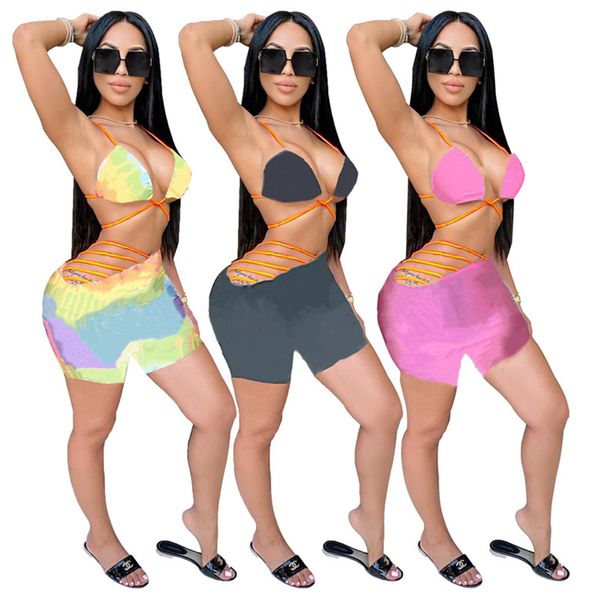 

plus size women swimwear bikini two piece swimsuits letter print bathing suits tie dye sleeveless halter bra+bottom summer clothing 4790, White;black