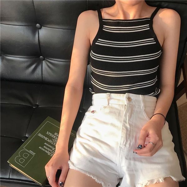 

knitting stripe women tank crop female knitted elastic cropped camisole sleeveless thin short tshirts for woman summer, White