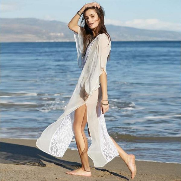 White Chiffon Swimsuit Cobertura Up Beach Tunic Sexy Sarong Robe de Plage Wear Kaftans Womens Womens Womens Womens Wear # Q543 210420