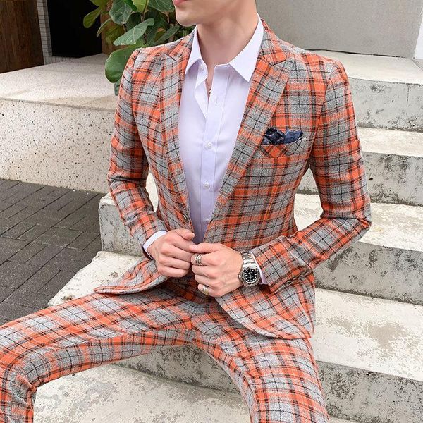 

men's suits & blazers men plaid suit set summer jacket with trousers 2021 korean fashion clothing party work trendy handsome check male, White;black