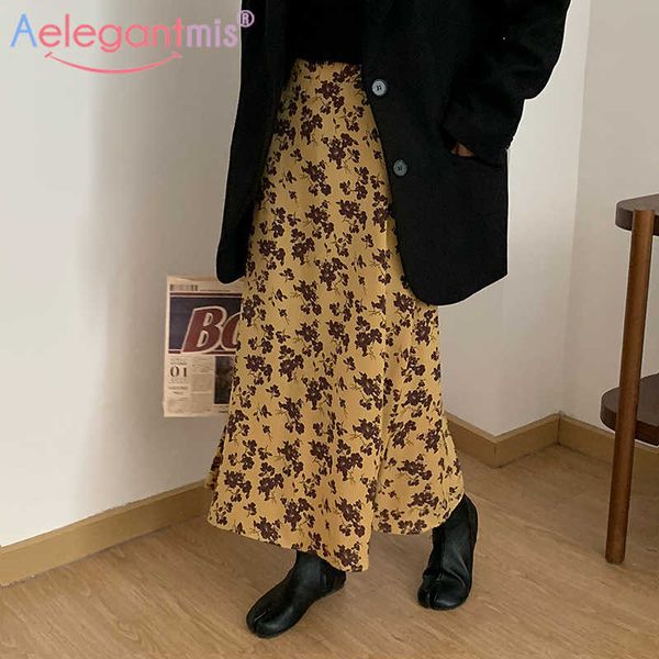 Aleegantmis Primavera Cintura Alta Mulheres Cópia Floral Saia Midi Cute Kawaii Coreano Feminino Elegante Vintage Chique 210607