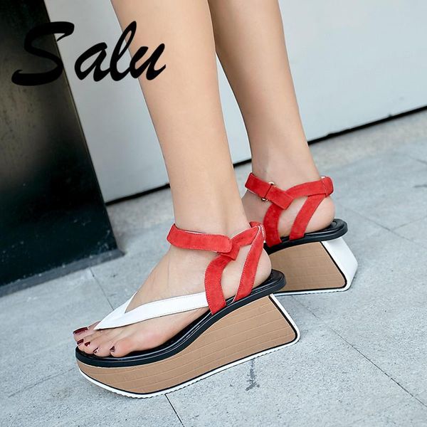 

salu fashion women sandals genuine leather platforms prom party wedding summer shoes woman wedges heels rome basic, Black