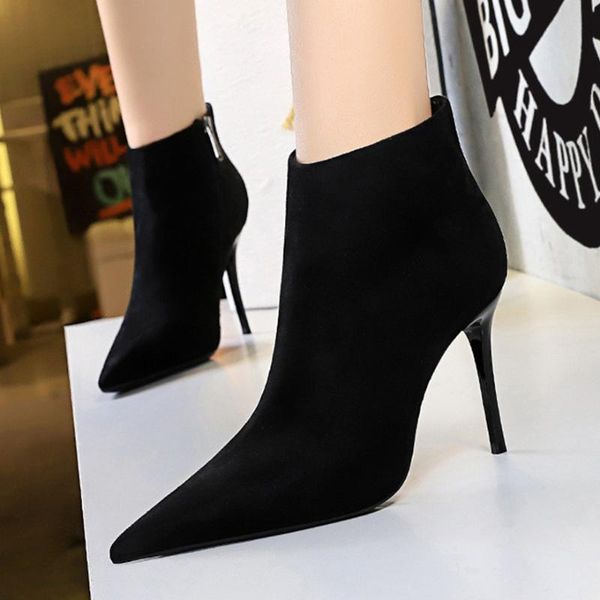

boots woman zipper concise ankle solid flock high heels office lady shoes pointed toe 2021 spring autumn boot female sexy, Black