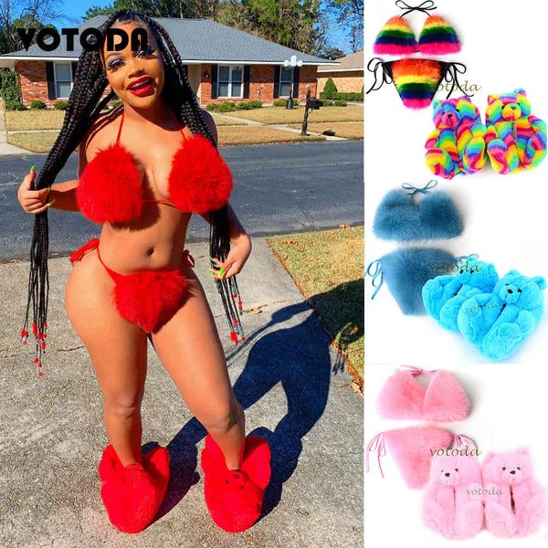 Mulheres Teddy Bear Slippers Fur Bikini Set Warm Ry Plush Slides Cute Home Shoe Fluxo Luxo Underwear Sexy Rainbow Bra