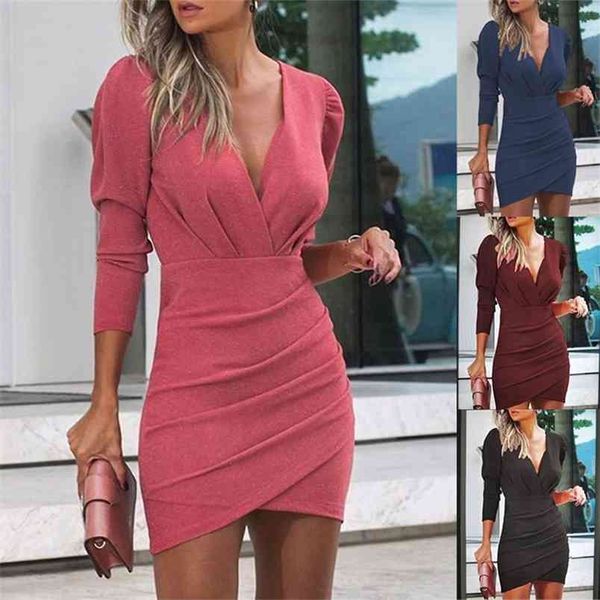 Bodycon vestido cintura emagrecimento cor sólida v-pescoço de mangas compridas de mangas apertadas estilo étnico estilo nightclub plissado mulheres vestido 210517