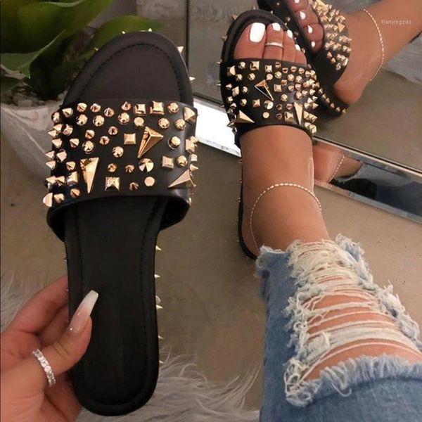 

summer women slippers fashion rivet rhinestone shoes woman open toe flat female outdoor casual beach slides ladies 20211, Black