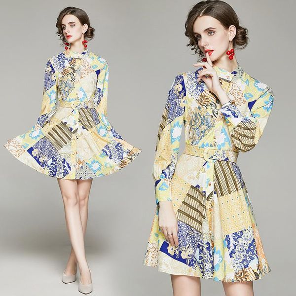 

casual dresses yellow floral printed vintage pleated dress elegant office lady work wear women autumn winter long sleeve shirt, Black;gray