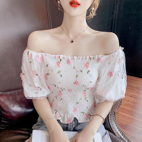 

women's blouses & shirts 2021 summer one-shoulder square collar mesh puff sleeves femme short folded ruffles print floral chiffon shirt, White