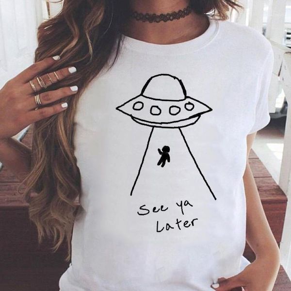 

women graphic ufo funny alien short sleeve cute 90s summer casual fashion print female clothes tees tshirt t-shirt women's, White
