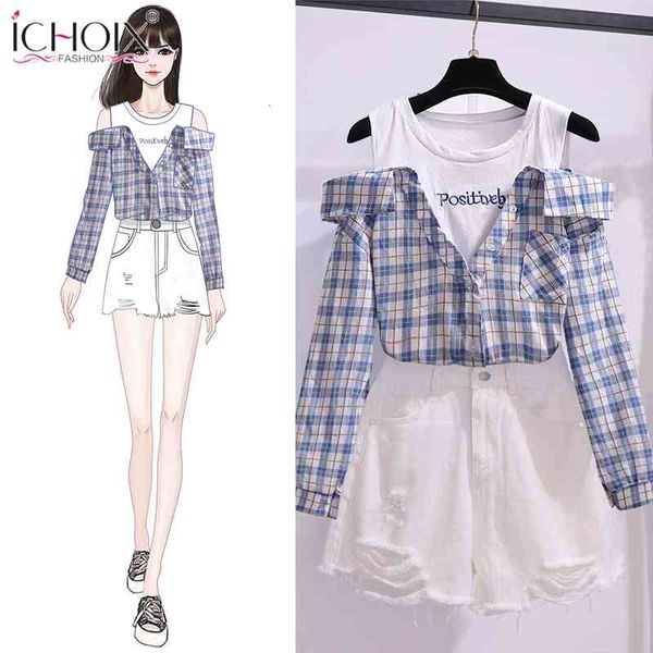 

women's sweaters strapless trend two parts set mode false two-piece + denim white shorts long kit autumn 6td6, White;black