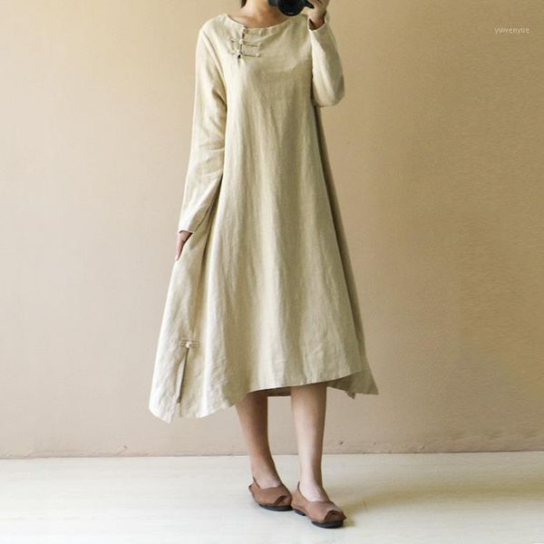 

casual dresses yoyikamomo women dress big size vintage cotton original linen retro long-sleeved loose robe, Black;gray