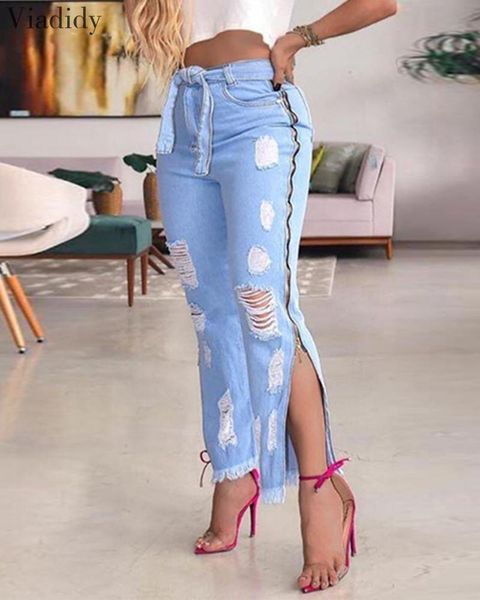 

women's jeans women high waist tied skinny pencil pants ripped fringe hem slit leg zipper pockets holes denim, Blue