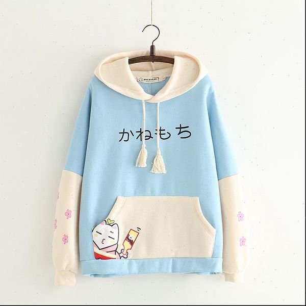

japans pocket print japanese womens hoodie cat sleeve color matching cherry blossom plus velvet student, Black