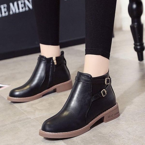 

boots women ankle short autumn female casual shoes woman flat fashion platform round toe buckle strap solid comfortable, Black