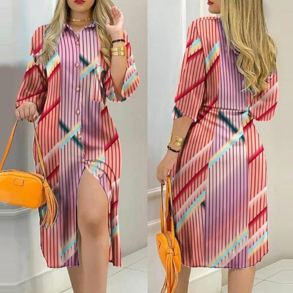 

casual dresses s-3xl elegant print buttoned slit shirt dress women summer lapel neck maxi party loose long sleeve beach, Black;gray