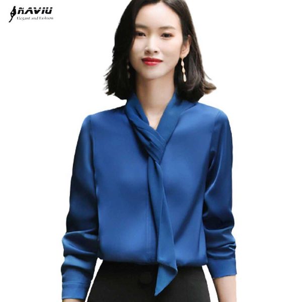 

blue shirt women design temperament fashion long sleeve v neck streamer satin chiffon blouses office ladies casual work 210604, White