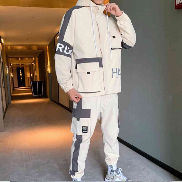 

tracksuits streetwear men hood hoodie 2 parts define jackets cargo pants loose hip hop adjustment abz560, Gray