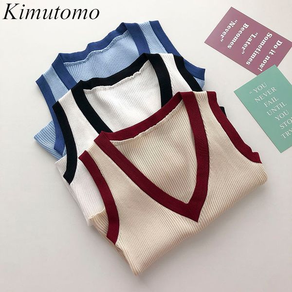 

kimutomo v-neck solid knitted vest spring women's korean fashion female color matching sleeveless slim short vest 210521, White