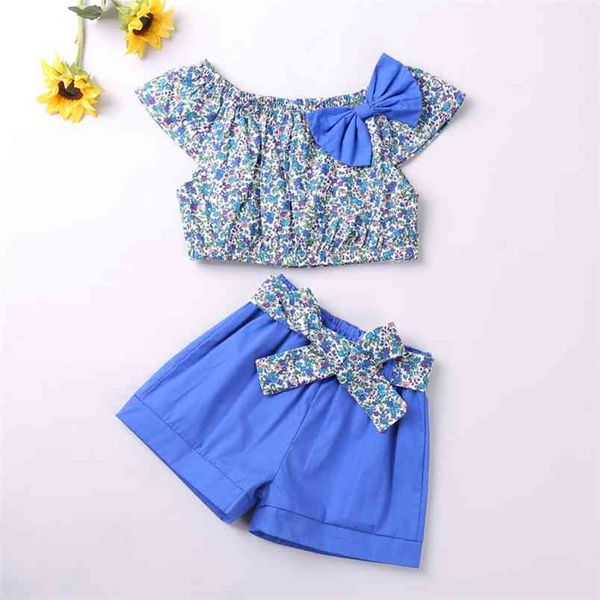 

summer girl suit flower printed +shorts 2pcs kids clothes clothing children outfits 210528, White