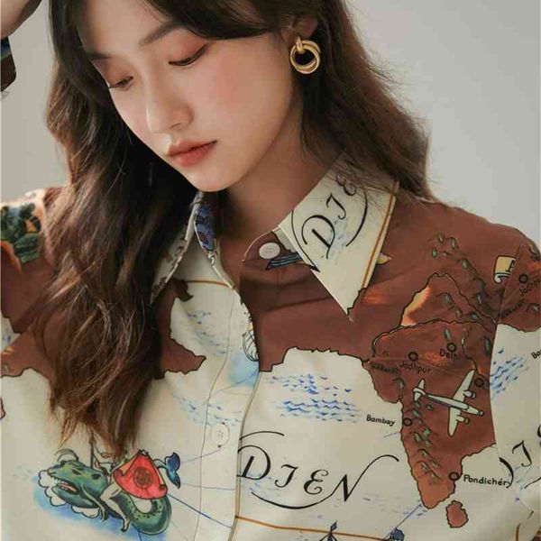 

women's two piece pants vintage map print long sleeve blouse women autumn button up designer shirt loose aesthetic fall fashio, White