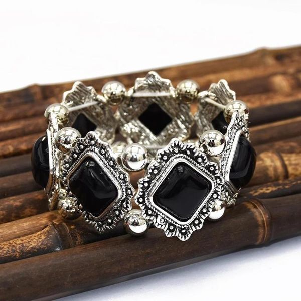 

bohemian punk gypsy tibetan vintage metal elastic wide bangles bracelets color stone bead statement bracelet women party jewelry charm, Golden;silver